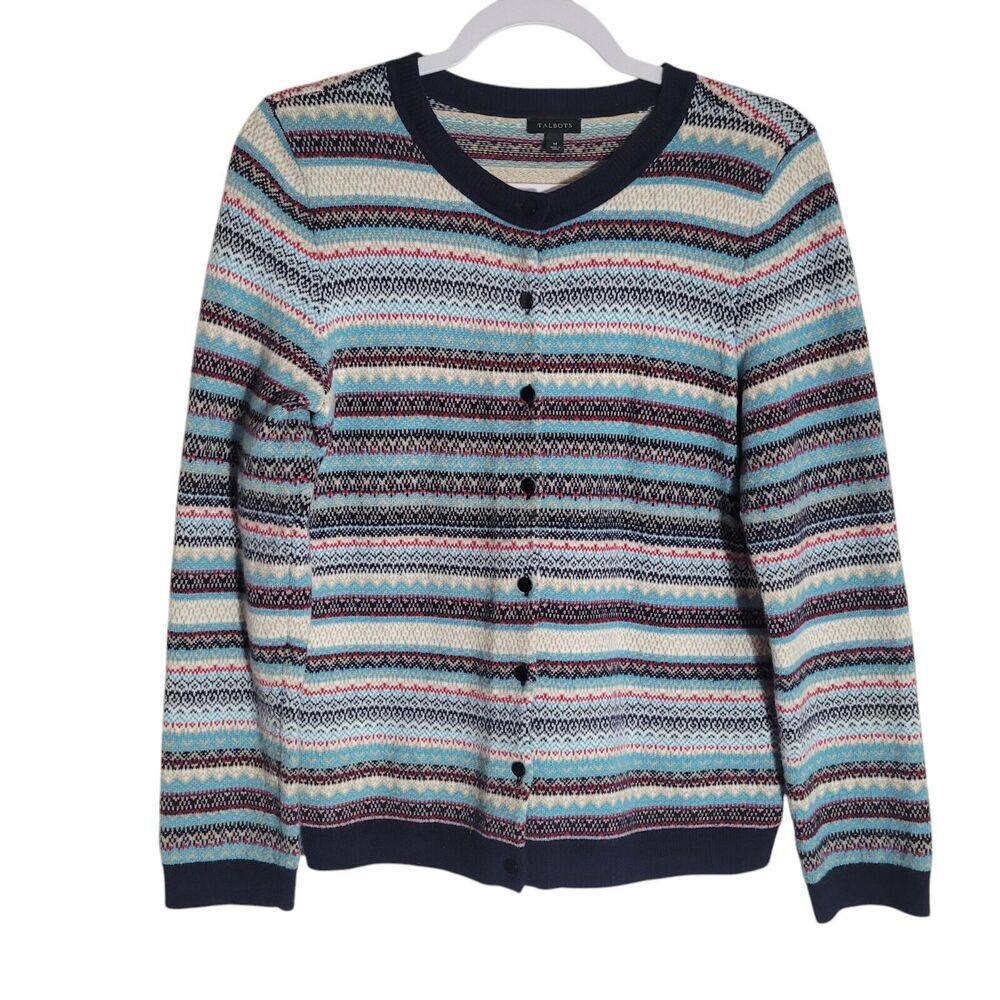 Talbots Nordic Striped Wool Blend Cardigan Sweater Women's Size Medium Button Up
